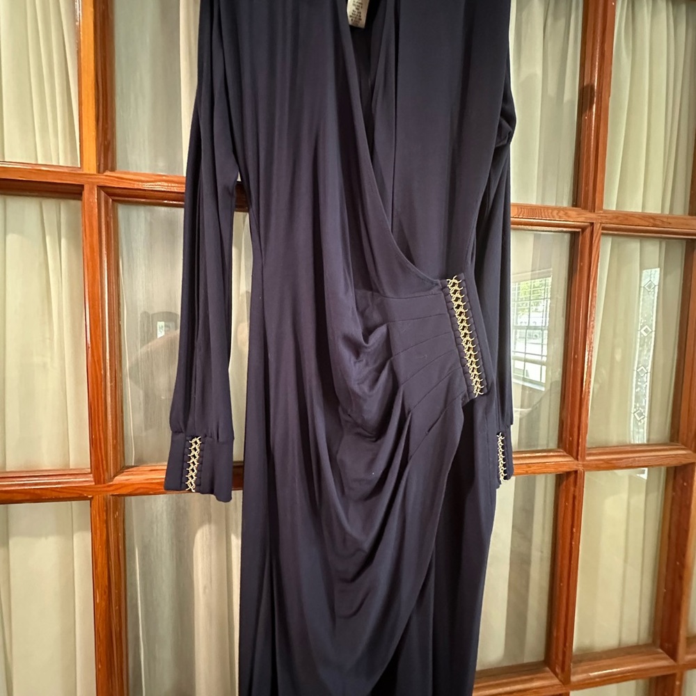 Cache Blue Ruched Long Sleeve Plunge Gown